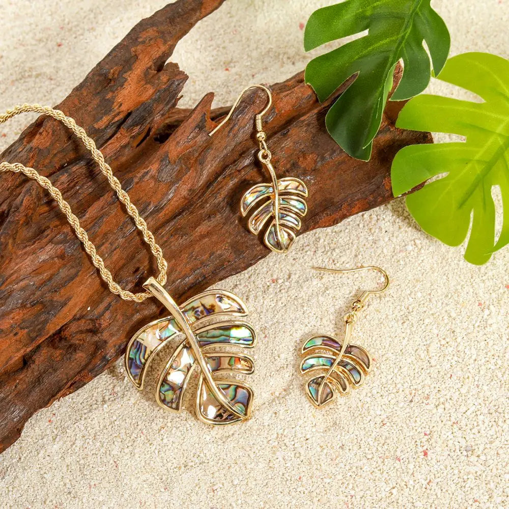 Hawaiian Monstera Paradise Necklace & Earrings Set