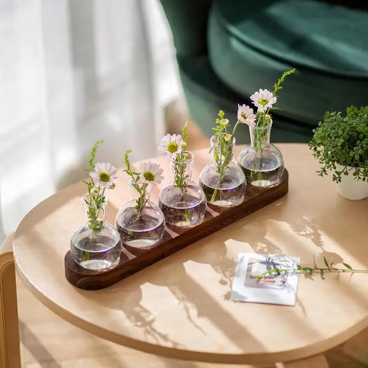 Wooden Base Propagation Station with 5 Glass Pots